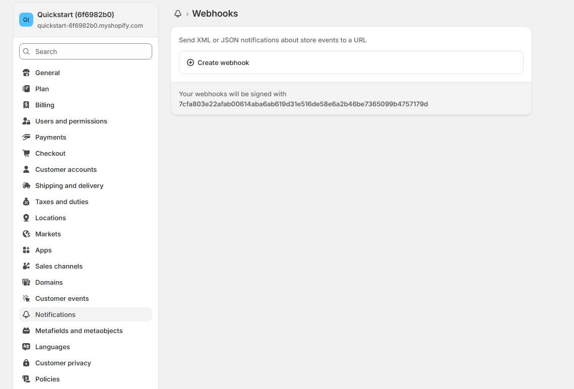 Shopify webhook settings